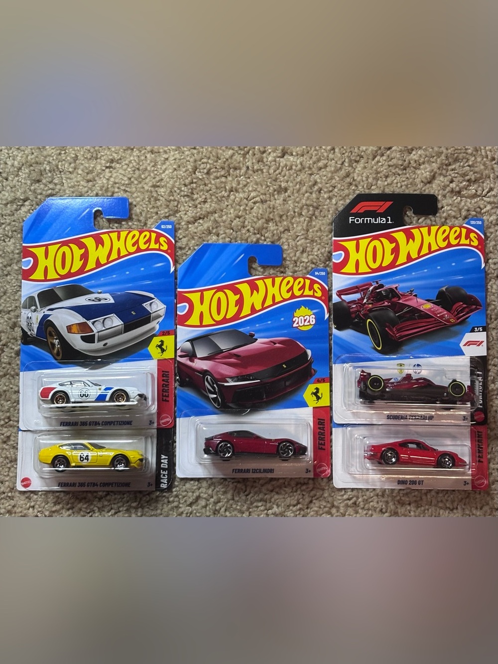 Hot Wheels Ferrari Lot of 5 2025 & 2026 Models 1:64 Scale 365, F1, Dino